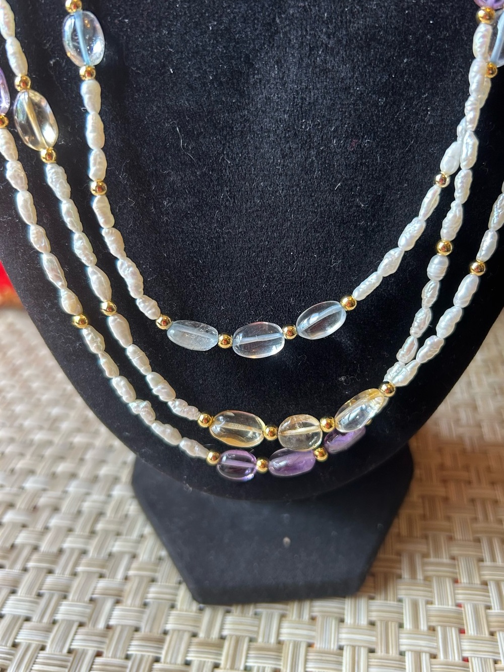 Vintage Biwa Rice Pearl Multicolor Quartz necklace and bracelet set